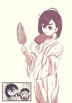  1boy 1girl absurdres ayase_momo blush brown_eyes brown_hair candy_apple choker closed_eyes closed_mouth commentary_request corn dandadan earrings eating feet_out_of_frame flower food hair_between_eyes highres holding holding_food holding_skewer ikayaki japanese_clothes jewelry kimono long_sleeves sash sepia short_hair simple_background skewer smile takakura_ken_(dandadan) thick_eyebrows translation_request upper_body wide_sleeves yukata yuuri_(fukuroudou) 