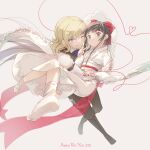  2021 2girls alice_margatroid alternate_costume arm_belt black_boots blonde_hair boots bow carrying closed_mouth commentary_request frilled_sleeves frills hair_bow hakurei_reimu happy_new_year heart heart_of_string highres japanese_clothes karaqia kimono knee_boots lace-up_boots long_sleeves looking_at_viewer multiple_girls obi obijime one_eye_closed pants princess_carry red_bow red_nails sash see-through_clothes see-through_veil shiromuku shirt smile socks string string_of_fate tabi touhou uchikake v veil white_kimono white_shirt white_socks wide_sleeves yuri 
