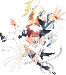  2boys blonde_hair blue_eyes deidara_(naruto) doll_joints forehead_protector full_body hand_mouth highres joints long_hair male_focus multiple_boys nail_polish naruto_(series) naruto_shippuuden ninja open_mouth puppet red_hair sasori_(naruto) short_hair simple_background smirk white_background zifletts 
