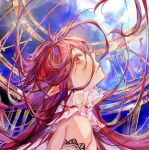  1girl bare_shoulders chinese_commentary clock closed_mouth commentary_request crying crying_with_eyes_open eyelashes floating_hair from_side hair_floating_upwards highres jiuyujianbaishi long_hair looking_up original pointy_ears procreate_(medium) profile red_eyes red_hair roman_numeral solo tears upper_body very_long_hair 