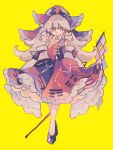  1girl adapted_costume bow commentary_request constellation_print cross detached_sleeves frilled_bow frills fusion gohei grey_hair hair_bow hakurei_reimu hat highres long_hair looking_at_viewer multicolored_skirt nurse_cap purple_bow purple_hat purple_skirt ratto_(mobilis_1870) red_bow red_cross red_skirt shoes simple_background skirt solo touhou very_long_hair yagokoro_eirin yellow_background 