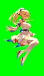  1girl absurdres back_bow bare_shoulders bilingual_commentary blonde_hair blue_bow blue_shoes bow bow_skirt breasts cleavage_cutout clothing_cutout dark-skinned_female dark_skin detached_collar detached_sleeves elf english_commentary floating_hair full_body garter_straps green_background grin hair_bow halter_shirt halterneck high_heels high_ponytail highres hololive ishihara_(kuniyoshi) large_bow large_breasts long_hair looking_at_viewer miniskirt mixed-language_commentary multicolored_hair pleated_skirt pointy_ears ponytail red_eyes shiranui_flare shiranui_flare_(1st_costume) shirt shoes sidelocks simple_background skirt skirt_set smile solo streaked_hair thighhighs virtual_youtuber watermark white_garter_straps white_shirt white_skirt white_sleeves white_thighhighs wide_sleeves yellow_eyes 