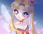  1girl adapted_costume bad_id bad_twitter_id bare_shoulders bishoujo_senshi_sailor_moon blonde_hair blue_eyes blue_pupils blue_wings bow bowtie breasts bright_pupils brooch chocofish choker cleavage collarbone commentary crescent_choker debris derivative_work detached_sleeves double_bun english_commentary eyelashes eyeshadow fairy fairy_wings glitter hair_bun hair_ornament hair_over_shoulder highres instagram_username jewelry leotard lipstick long_hair looking_ahead magical_girl makeup meme nervous parted_bangs pink_eyeshadow pink_lips red_bow red_bowtie red_choker sailor_moon sailor_moon_redraw_challenge_(meme) screenshot_redraw short_sleeves solo strapless strapless_leotard sweatdrop tile_floor tiles tsukino_usagi twintails twitter_username upper_body very_long_hair watermark white_leotard white_sleeves wings winx_club 