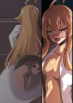  1boy 1girl absurdres ahoge amakubo_yuri aoi_tabane ass blonde_hair blush breasts female_pervert glasses hetero highres kouyoku_senki_exs-tia lab_coat long_hair looking_at_viewer multiple_views naughty_face netorare open_mouth panties pervert purple_panties pussy_juice queen_of_spades_symbol ribbed_sweater smile sweater tattoo thong turtleneck turtleneck_sweater underwear yellow_eyes yellow_sweater 