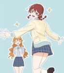  2girls :3 aqua_background blue_eyes blue_shirt borrowed_clothes braid cardigan closed_eyes collared_shirt commentary emma_verde freckles heart highres konoe_kanata leg_up long_hair love_live! love_live!_nijigasaki_high_school_idol_club monowe multiple_girls necktie nijigasaki_school_uniform open_mouth orange_hair outline outstretched_arms plaid_clothes plaid_skirt pleated_skirt red_hair school_uniform shirt simple_background skirt socks spread_arms star_(symbol) summer_uniform symbol-only_commentary twin_braids yellow_cardigan 