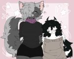 2_horns ambiguous_gender anthro antlers arm_wraps ashley_(ashyams) batuhan_(eavontide) bedroom_eyes black_hair black_horn black_spots blush blush_lines bodily_fluids bottomwear clothed clothing countershade_tail countershading domestic_cat duo ear_piercing eye_contact felid feline felis female female/ambiguous fluffy fluffy_tail fur grey_body grey_fur grey_hair hair hair_over_eye heart_symbol hi_res horn jackalope kittrumi lagomorph looking_at_another male_(lore) mammal medium_hair mottled mottled_body mottled_fur multicolored_body multicolored_fur narrowed_eyes nervous nervous_sweat piercing pink_background pink_inner_ear purple_eyes seductive shorts simple_background size_difference smile smirk spots star_symbol sweat sweatdrop sweater tail topwear white_body white_fur wraps
