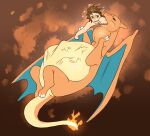 abdominal_bulge belly big_belly brown_hair charizard feral feral_pred generation_1_pokemon hair hi_res human human_prey mammal neck_bulge nintendo oral_vore orange_body paradoxinhead pokemon pokemon_(species) vore wings