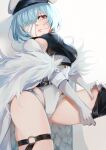  1girl absurdres azur_lane bandaged_head bandages blue_hair breasts closed_mouth coat covered_navel fur-trimmed_coat fur_trim gloves hair_over_one_eye hat highres kuybyshev_(azur_lane) large_breasts leotard lips peaked_cap red_eyes short_hair simple_background solo white_background white_coat white_gloves ye_dengzhi 