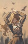  1girl absurdres airool arms_up bang_dream! bang_dream!_it&#039;s_mygo!!!!! bird blue_eyes blurry brown_background brown_hair brown_serafuku brown_theme buttons chinese_commentary closed_mouth collarbone commentary cowboy_shot depth_of_field english_commentary floating_hair highres long_hair long_sidelocks long_sleeves midriff_peek mixed-language_commentary motion_blur nagasaki_soyo own_hands_together parted_bangs sailor_collar school_uniform serafuku sidelocks smile solo tsukinomori_school_uniform white_sailor_collar winter_uniform 
