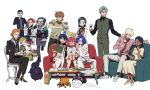  6+boys 6+girls amate_yuzuriha annqi aqua_hair beard black_hair black_pants black_suit blonde_hair blue_couch blue_hair brown_hair challia_bull char_aznable cheek_pinching closed_eyes comoli_harcourt conch_(gundam) cup dark-skinned_female dark_skin dress drinking eating facial_hair food full_body grey_pants grey_vest gundam gundam_gquuuuuux haro haruki_chise highres holding holding_cup holding_food holding_pizza jezzi kaine_(gundam) kycilia_zabi lalah_sune long_hair multiple_boys multiple_girls mustache nabu_(gundam) nyaan_(gundam_gquuuuuux) orange_hair overalls pants pinching pizza pizza_box popcorn red_couch red_gundam red_hair rx-78-2_gundam shiiko_sugai shirouzu_(gundam) shirt short_hair shuji_ito simple_background sitting standing suit vest white_background white_overalls white_pants white_shirt xavier_olivette yellow_dress 