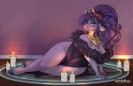 bovid breasts candle caprine caprine_demon cleavage clothed clothing deity demon dress ear_piercing eldritch_abomination eldritch_being exposed_hips eyeshadow female fire frown goat goat_demon hair hooves horn jewelry lying_on_ground makeup mammal on_ground outer_god_(h.p._lovecraft) piercing purple_body purple_hair rhok&#039;zan_(sucker_for_love) scowl solo sucker_for_love:date_to_die_for summoning_circle text url zombikiss