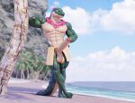 abs anthro arm_support balls barefoot beach biceps big_balls big_muscles big_penis bottomwear cliff clothed clothing connivingrat crocodilian erection exhibitionism feet flower flower_accessory flower_necklace flower_on_head fret genitals glans green_body green_scales hamstrings helm_(connivingrat) hi_res hula hula_dancer ineffective_clothing jewelry leaning leaning_on_elbow lei male muscular muscular_anthro muscular_male navel necklace nipples non-mammal_nipples obliques palm_tree pecs penis pink_nipples plant plantigrade pupils quads reptile rock_formation scales scalie sea seaside shoreline skirt slit_pupils solo standing tail teeth thicket topless topless_anthro topless_male tree triceps vein veiny_penis ventral_scales wardrobe_malfunction water yellow_sclera yellow_underbelly