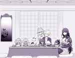  1boy 6+girls absurdres aepuru_arts aether_(genshin_impact) animal_ears bowl breasts bunny_ears_prank camera commentary eating english_commentary food fox_ears fox_girl genshin_impact greyscale hair_ornament halo harem highres holding holding_camera if_they_mated indoors japanese_clothes kimono kujou_sara large_breasts long_hair mask mask_on_head mirror monochrome multiple_girls noodles obi obiage obijime paimon_(genshin_impact) raiden_shogun reflection sash shirt shrug_(clothing) sitting smile taking_picture thighhighs v yae_miko 