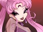  1girl bad_id bad_twitter_id bishoujo_senshi_sailor_moon black_lady_(sailor_moon) cartoonized chibi_usa chocofish choker commentary covered_collarbone crescent crescent_facial_mark derivative_work diamond_earrings double_bun dress earrings english_commentary eyelashes eyeshadow facial_mark forehead_mark gradient_background grey_shirt hair_bun half-closed_eyes highres instagram_username jewelry lipstick long_hair long_sleeves looking_at_viewer makeup open_mouth parody parted_bangs pink_hair purple_choker purple_dress purple_eyeshadow red_background red_eyes red_lips ringlets screenshot_redraw see-through_clothes see-through_shirt shirt shirt_under_dress smile solo strapless strapless_dress studded_choker style_parody toon_(style) twintails twitter_username upper_body very_long_hair watermark winx_club 