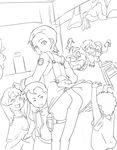  3boys artist_request ass eureka eureka_seven eureka_seven_(series) greyscale linck maeter maurice monochrome multiple_boys multiple_girls no_panties renton_thurston skirt skirt_lift thigh_strap 