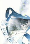  1girl black_hair blue_eyes blue_hair building closed_mouth commentary double_exposure fireflies gradient_hair grass hand_fan highres japanese_clothes kimono long_hair looking_up mole mole_under_eye multicolored_hair night original outdoors painting_(medium) paper_fan river s.tokimura signature sky smile solo standing star_(sky) starry_sky swept_bangs traditional_media tree two-tone_hair uchiwa very_long_hair watercolor_(medium) white_kimono 