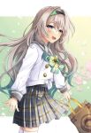  1girl bag black_hairband bow bowtie brown_bag buttons checkered_bow checkered_bowtie checkered_clothes checkered_skirt collared_shirt commentary_request double-breasted firefly_(honkai:_star_rail) firefly_(spring_missive)_(honkai:_star_rail) gradient_eyes gradient_hair green_bow green_bowtie green_pupils grey_hair grey_sailor_collar grey_skirt hair_between_eyes hair_intakes hair_tie hairband highres holding holding_bag honkai:_star_rail honkai_(series) iris_yayoi long_hair multicolored_eyes multicolored_hair official_alternate_costume open_mouth pink_petals pleated_skirt sailor_collar shirt skirt smile solo teeth thighhighs upper_teeth_only white_shirt white_thighhighs 