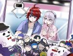  1boy 1girl :o against_glass ahoge amemiya_darumi aotsuki_eito black_hair black_hairband black_hat blue_eyes blue_hair blue_shirt bow bowtie brain character_doll crane_game doll everyone ginzaki_shouma hairband hat heart jacket kashimiya_karua kawana_tsubasa kirifuji_nozomi last_defense_academy_school_uniform long_hair looking_at_object magadori_kyoshika maruko_gaku mojiro_moko multicolored_hair necktie nigou_(hundred_line) omokage_yugamu oosuzuki_kurara pink_hair pink_jacket purple_eyes purple_hair red_bow red_bowtie red_hair red_necktie school_invader_(hundred_line) school_uniform shirt shizuhara_hiruko short_hair sirei_(hundred_line) streaked_hair sumino_takumi sweatdrop the_hundred_line_-last_defense_academy- tkiura_runa tsukumo_ima tsukumo_kako white_undershirt yakushiji_takemaru 