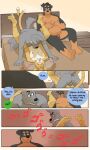 3:5 5_fingers age_difference anal anal_penetration anthro backsack balls barefoot bed belly big_belly black_body black_fur black_hair black_nose bodily_fluids brown_body brown_fur canid canine canis chuck_(p_rindustries) daddy_kink dialogue dobermann domestic_cat domestic_dog dominant english_text eyebrows feet felid feline felis fingers from_front_position fur furniture genitals hair hi_res japanese_text kneeling lying male male/male mammal mature_male missionary_position moan mullet on_back on_bed p_rindustries penetration pillow pink_nose pinscher raised_eyebrow sex simple_background sitting size_difference slightly_chubby speech_bubble striped_body striped_fur stripes submissive sweat tail tail_motion tailwag tan_body tan_fur text whisker_spots white_body white_fur will_(p_rindustries)