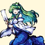  1girl absurdres bare_shoulders breasts detached_sleeves frog_hair_ornament gohei green_eyes green_hair hair_ornament hair_tubes highres holding holding_gohei kochiya_sanae large_breasts long_hair looking_at_viewer open_mouth pioartstuff simple_background skirt snake snake_hair_ornament solo touhou wide_sleeves yellow_background 