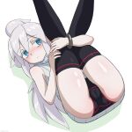  1girl ass bare_shoulders black_panties black_thighhighs blue_eyes blush cameltoe commentary_request deux_murasame expressionless freckles grey_hair gundam gundam_gquuuuuux legs_up long_hair lying on_back panties scarf solo thighhighs umi_no_tarako underwear 