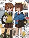  2others bag black_socks blue_sweater brown_hair brown_shoes brown_skirt chara_(undertale) character_name closed_eyes closed_mouth dande_lion2604 frisk_(undertale) green_vest highres holding holding_bag long_sleeves multiple_others other_focus red_eyes shirt shoes short_hair skirt sleeves_past_fingers sleeves_past_wrists smile socks sparkle sweater twitter_username undertale vest white_shirt white_socks 