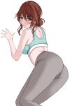  1girl absurdres aketa_mikoto aqua_bra ass bare_shoulders blush bra breasts brown_eyes brown_hair from_behind grey_pants hair_bun highres idolmaster idolmaster_shiny_colors long_hair looking_at_viewer looking_back pants simple_background single_hair_bun solo sports_bra sulgi_park tight_clothes tight_pants underwear white_background yoga_pants 