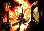  1other absurdres arm_up cape chainsaw chainsword consta_(project_moon) dice encodory explosion finger_gun fire gameplay_mechanics highres holding holding_weapon hood hood_up hooded_cape humanoid_robot library_of_ruina multiple_views project_moon robot weapon 