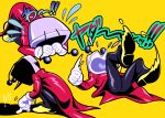  1boy absurdres all_fours ant_tenna black_pants crt deltarune flying_teardrops full_body gloves highres lying male_focus multiple_views necktie object_head on_back open_mouth pants pointy_nose shaded_face shadow shoes squatting tailcoat vn35214 white_gloves yellow_background yellow_necktie yellow_shoes 