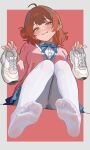  1girl :3 absurdres ahoge amashi_2278 blue_ribbon blue_skirt blush border breasts brown_hair cardigan commentary_request feet foot_focus foreshortening gakuen_idolmaster hanami_ume hatsuboshi_gakuen_school_uniform highres holding holding_shoes holding_unworn_clothes idolmaster knees_together_feet_apart long_sleeves looking_at_viewer medium_breasts neck_ribbon pantyhose pink_background pink_cardigan presenting_foot ribbon school_uniform shirt shoes simple_background skirt smile soles solo sweaty_foot toes unworn_shoes white_border white_pantyhose white_shirt 