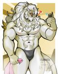 absurd_res anthro bikini_thong clothing deroutsider115 dislyte electronics felid hi_res javid_(dislyte) lilith_games lion male mammal muscular muscular_male pantherine phone question_mark solo swimwear