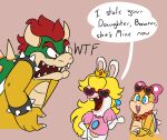2024 2_horns 4_fingers angry anthro armband arms_bent bald black_armband black_bracelet blue_ear_piercing blue_eyes bowser bracelet brown_background buckteeth claws closed_smile clothed clothed_anthro clothed_female clothing crossover crown curved_horn dialogue digital_drawing_(artwork) digital_media_(artwork) english_description english_text eyebrows eyelashes eyewear eyewear_on_head female female_anthro finger_claws fingers flat_colors fur furrowed_brow furrowed_eyebrows gem gold_(metal) gold_bracelet gold_jewelry green_head green_shell group hair hand_behind_back hand_on_hip hand_on_own_hip head_bow headgear heart_sunglasses horn insertthenewblhere jewelry king koopa koopaling lagomorph larger_anthro larger_male lips long_ears long_hair male male_anthro mammal mario_bros mario_plus_rabbids_kingdom_battle mitten_hands mouth_closed multicolored_body multicolored_scales name_drop name_in_dialogue nintendo no_pupils noseless open_mouth open_smile pink_bow pink_clothing pink_lips pink_shell pink_shirt pink_topwear polka_dot_bow rabbid rabbid_peach raving_rabbids rayman_(series) red_eyebrows red_eyes red_eyewear red_hair red_mouth red_sunglasses red_tongue royalty ruby_(gem) scales scalie sharp_teeth shell shirt short_hair simple_background size_difference smaller_anthro smaller_female smile smiling_at_another speech_bubble spiked_armband spikes sunglasses sunglasses_on_head tail tan_body tan_horn tan_inner_ear tan_scales tan_skin tan_spikes teeth text thick_eyebrows tongue topwear trio two_tone_body two_tone_scales ubisoft wendy_o._koopa white_body white_claws white_fur yellow_body yellow_scales yellow_tail