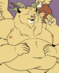 2025 4_arms 4_horns absurd_res anthro belly delicious_in_dungeon eating felid fur hi_res horn khuanzg lion male mammal moobs multi_arm multi_horn multi_limb navel nipples nude obese obese_male overweight overweight_male pantherine solo winged_lion_(delicious_in_dungeon) wings yellow_body yellow_fur
