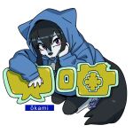 1:1 2025 4_fingers anthro black_hair black_nose blush canid canine canis cjk_character claws clothed clothed_anthro clothed_female clothing cute_fangs digital_media_(artwork) eyelashes fangs female female_anthro finger_claws fingers fur furgonomics grey_body grey_fur hair hand_on_face hand_on_own_face hi_res hoodie icon japanese_text kemono looking_at_viewer mammal okami-san_(wanda_yu) pink_eyes romaji_text simple_background solo tail teeth text text_on_clothing topwear translation_request wanda_yu white_background wolf