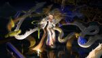 1girl absurdres arknights bare_shoulders beads belt blonde_hair blue_hair colored_extremities commentary dragon dragon_girl dragon_horns dragon_tail earrings eastern_dragon floating floating_object floating_sword floating_weapon full_body green_eyes hair_intakes highres horns jacket jewelry long_hair long_sleeves looking_at_viewer magic multicolored_hair necklace night off_shoulder open_mouth outdoors pants pink_hair plant pointy_ears reflection reflective_water shu_(arknights) smile solo sparkle strapless sword tail the_horse. tube_top very_long_hair water weapon white_belt white_jacket white_pants white_tube_top 
