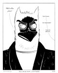 2025 4:5 absurd_res anthro avian beak bird black_beak black_clothing black_jacket black_topwear border clothing collared_jacket comic dialogue english_text eye_veins eyebrows greyscale hi_res jacket maccaw_(sharkinthepark) male monochrome owl pupils sharkinthepark shirt simple_background small_pupils solo text topwear water_drop wet white_background white_border white_clothing white_shirt white_topwear