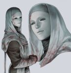  1boy alle_page blood blood_on_clothes blood_on_mask covered_face cowboy_shot elden_ring from_side gloves grey_background high_collar korean_commentary mask multiple_views own_hands_together pouch robe smile standing white-faced_varre white_hood white_mask white_robe 