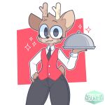 1:1 2024 aiyhav_nouneim anthro antlers artist_logo artist_name black_bottomwear black_clothing black_necktie black_nose black_pants bottomwear brown_body brown_fur chest_tuft clothing countershading deer fur fur_markings grey_eyes hand_on_hip holding_object holding_tray horn logo looking_at_viewer male mammal markings multicolored_body multicolored_fur necktie oakley_(aiyhav_nouneim) pants red_background red_clothing red_topwear red_vest short_tail simple_background smile solo sparkles standing tail tan_body tan_fur text topwear tuft two_tone_body two_tone_fur vest waiter waiter_suit waiter_tray white_background white_dress_shirt