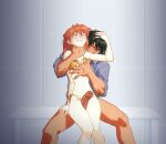  1boy 1girl age_difference amondetauro between_thighs bikini biting_shoulder black_hair blush breasts censored erection foreskin gold_bikini grin hand_on_another&#039;s_head hand_on_another&#039;s_neck hetero highres kaji_ryouji long_hair mature_male mosaic_censoring neon_genesis_evangelion orange_hair penis phimosis precum side-tie_bikini_bottom small_breasts smile souryuu_asuka_langley swimsuit uncensored 