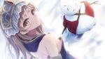 1girl atelier_(series) atelier_meruru atelier_totori borubikku breasts brown_eyes brown_hair detached_sleeves downblouse headdress highres looking_at_viewer looking_back nipple_slip nipples outdoors smile snow snowman solo totooria_helmold 
