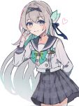  1girl blue_ribbon bow bowtie buttons double-breasted firefly_(honkai:_star_rail) firefly_(spring_missive)_(honkai:_star_rail) gradient_hair green_bow green_bowtie green_pupils grey_hair grey_hairband grey_sailor_collar grey_skirt hair_between_eyes hair_intakes hair_ornament hairband hand_on_own_face heart highres honkai:_star_rail honkai_(series) long_hair long_sleeves multicolored_eyes multicolored_hair pleated_skirt ribbon sailor_collar simple_background skirt solo striped_clothes striped_skirt two-tone_eyes tygn5q vertical-striped_clothes vertical-striped_skirt white_background white_sleeves 