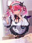  1girl anger_vein aqua_eyes black_bow black_collar black_headdress black_horns black_ribbon black_skirt black_thighhighs blush bow breasts cake cake_slice cherry chest_bow closed_mouth collar comedic_sweatdrop commentary detached_collar dress earrings english_commentary fingernails flower flower_earrings food fruit gem hair_flower hair_ornament halo hareteruya heterochromia highres holding holding_kettle hololive hololive_english horns irys_(hololive) irys_(maid)_(hololive) jewelry kettle large_breasts long_hair long_sleeves looking_at_viewer maid maid_headdress multicolored_hair nail_polish pink_eyes pink_gemstone pink_hair pink_nails plate pointy_ears purple_wings red_flower red_hair red_rose ribbon rose skirt solo_focus streaked_hair thighhighs thighs two-tone_hair virtual_youtuber white_dress white_halo wings 