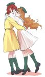 2girls beret commentary dress emma_verde face-to-face from_side full_body green_hat green_socks hat highres hug kneehighs konoe_kanata long_hair long_sleeves love_live! love_live!_nijigasaki_high_school_idol_club mary_janes mirai_harmony monowe multiple_girls orange_hair red_hair shoes simple_background smile socks symbol-only_commentary two-tone_dress white_background white_dress yellow_dress yuri 