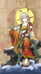  1girl arknights bandeau barefoot blonde_hair blue_eyes breasts buddha cleavage closed_mouth collarbone colored_extremities commentary crop_top dragon_girl dragon_horns full_body grey_hair halo halo_behind_head highres horns le_(user_nkge7754) light_smile long_hair multicolored_hair ocean on_rock outdoors pointy_ears purple_hair rock shu_(arknights) sitting small_breasts solo strapless unfinished very_long_hair water waves yellow_bandeau yellow_halo 