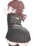  1girl absurdres ass ass_focus black_skirt brown_eyes brown_hair drunk earrings highres jewelry kujikawa_rise littlehobby persona persona_4 pleated_skirt short_twintails simple_background skirt solo translation_request twintails white_background 