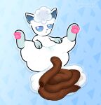 alolan_form alolan_vulpix anus blue_eyes butt digital_media_(artwork) feces female female_feral female_pooping feral fur generation_7_pokemon genitals half-closed_eyes hi_res leg_markings looking_at_viewer looking_pleasured lying markings narrowed_eyes nintendo on_back open_mouth pattern_background pawpads paws pincoosh pink_paws pokemon pokemon_(species) pooping pooping_on_self pooping_on_tail presenting presenting_anus presenting_vulva quadruped regional_form_(pokemon) scatplay signature simple_background socks_(marking) solo tail vulva white_body white_fur