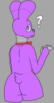  4_fingers ? ambiguous_gender animatronic anthro big_ears blue_eyes bonnie_(fnaf) bow_tie buckteeth butt delta&#039;s_art fingers five_nights_at_freddy&#039;s fluffy fluffy_tail fur girly humanoid lagomorph looking_at_viewer looking_back machine mammal neckwear purple_body purple_fur robot simple_background solo teeth video_games wide_hips 