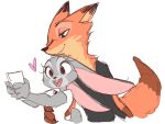  &lt;3 2016 4:3 anthro buckteeth canid canine cellphone clothed clothing disney duo fox fur grey_body grey_fur holding_cellphone holding_object holding_phone judy_hopps lagomorph leporid mammal nick_wilde open_mouth open_smile orange_body orange_fur phone rabbit red_fox simple_background smile teeth toifshi white_background zootopia 