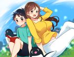  1boy 1girl :o aoyama-kun_(penguin_highway) bird black_eyes black_hair book brown_hair day grass long_sleeves meisuke_mei onee-san_(penguin_highway) outdoors pants penguin penguin_highway shirt shorts sitting t-shirt white_pants yellow_shirt 