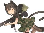  1girl animal_ears black_hair blush boots brown_eyes brown_footwear camouflage_dress cat_ears cat_helmet cat_tail dress from_side garter_straps green_dress gun holding holding_gun holding_weapon inazakura00 looking_at_viewer original parted_lips rifle short_hair signature simple_background solo tail thighhighs twitter_username weapon white_background 